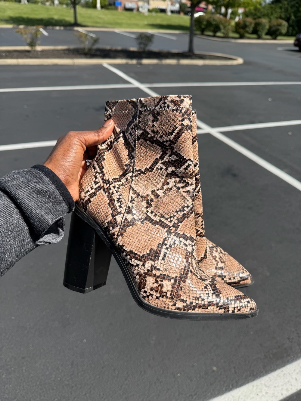 Lulu's Tan & Black Snake-Print Block Heel Ankle Boots